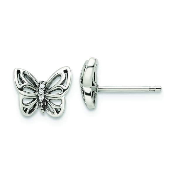 Sterling Silver Antiqued CZ Butterfly Post Earrings