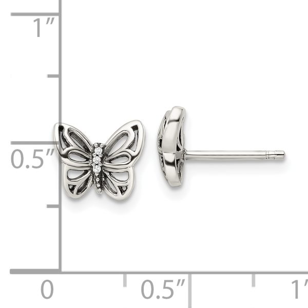 Sterling Silver Antiqued CZ Butterfly Post Earrings - Image 3