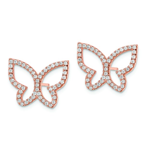 Sterling Silver Rose-tone CZ Open Butterfly Post Earrings - Image 2