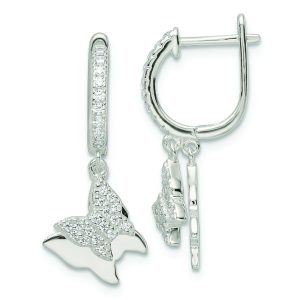Sterling Silver Polished CZ Dangle Butterflies Hinged Post Earrings