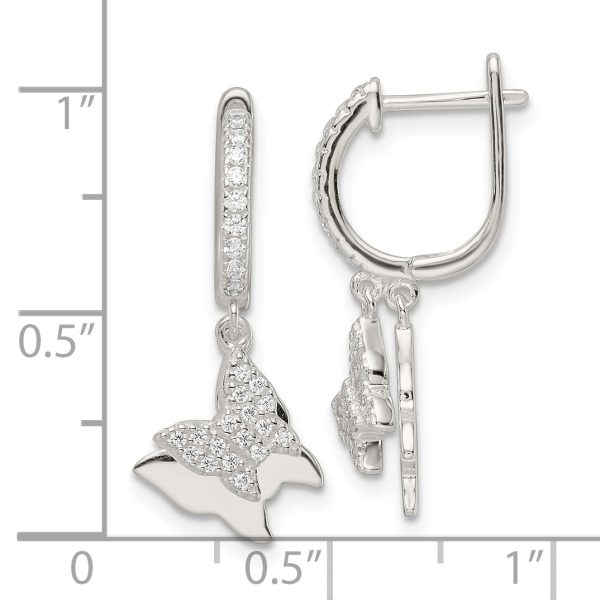 Sterling Silver Polished CZ Dangle Butterflies Hinged Post Earrings - Image 3
