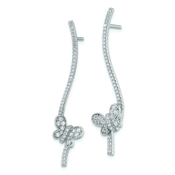 Sterling Silver Rhodium-plated CZ Dangle Bar Butterfly Post Earrings - Image 2