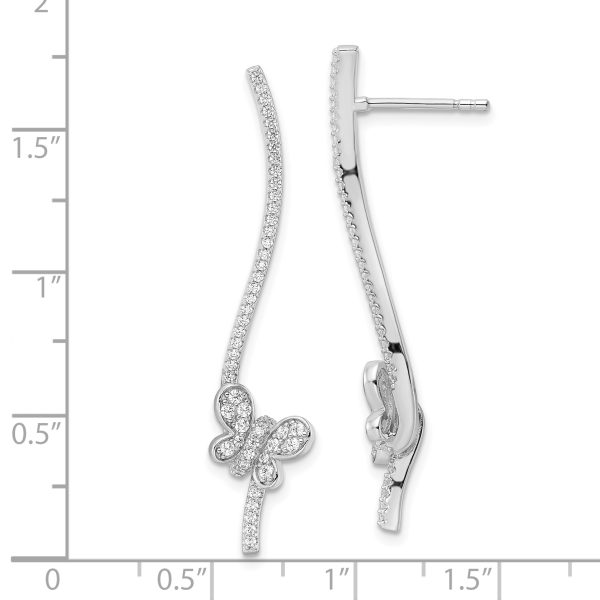 Sterling Silver Rhodium-plated CZ Dangle Bar Butterfly Post Earrings - Image 3