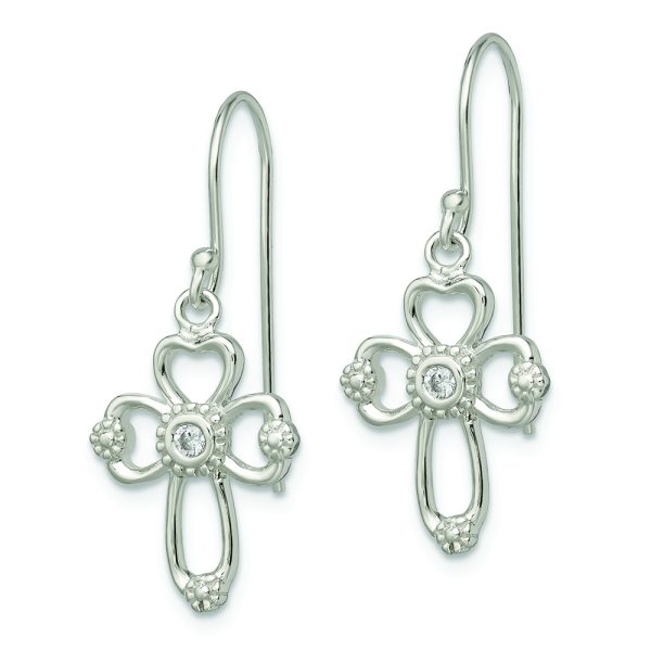 Sterling Silver Polished & Beaded CZ Cross Dangle Earrings - Image 2