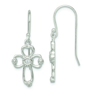 Sterling Silver Polished & Beaded CZ Cross Dangle Earrings