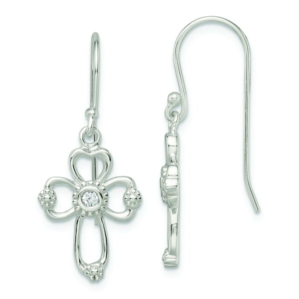 Sterling Silver Polished & Beaded CZ Cross Dangle Earrings