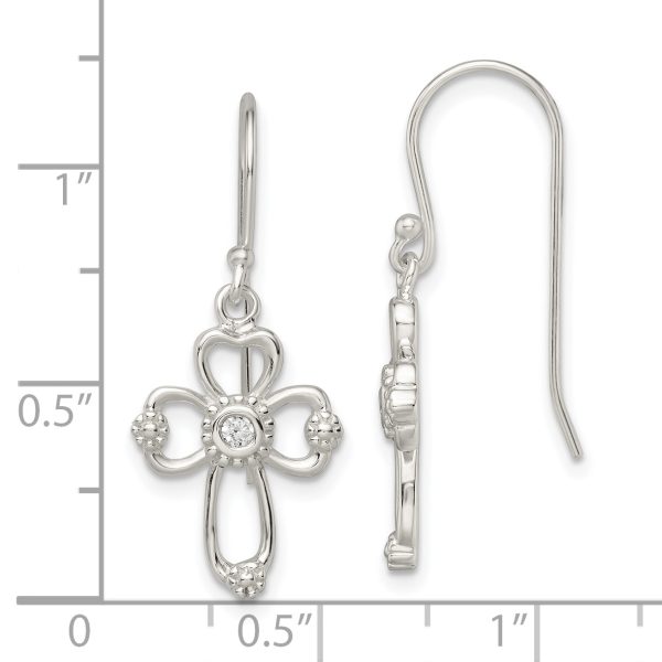 Sterling Silver Polished & Beaded CZ Cross Dangle Earrings - Image 3