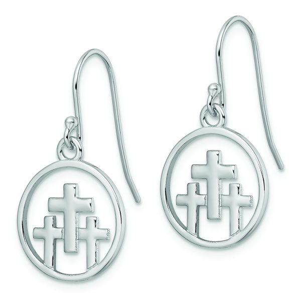 Sterling Silver RH-plated Polished 3 Crosses in Circle Dangle Earrings - Image 2