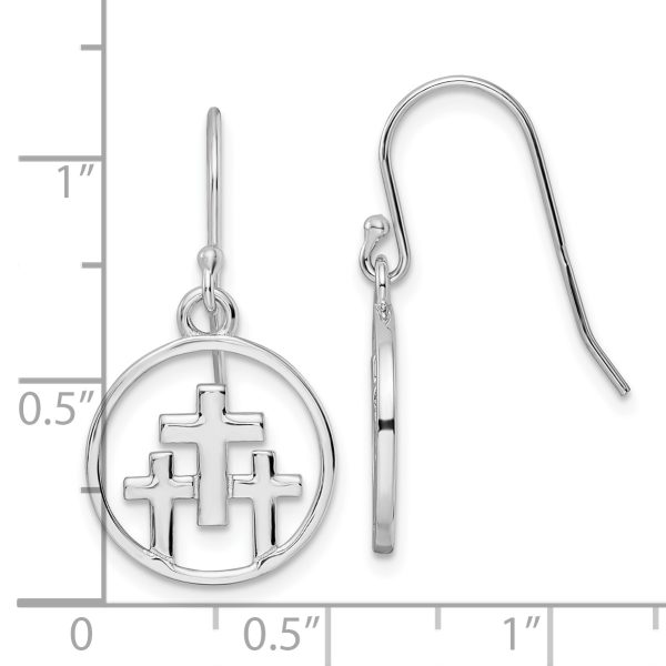 Sterling Silver RH-plated Polished 3 Crosses in Circle Dangle Earrings - Image 3