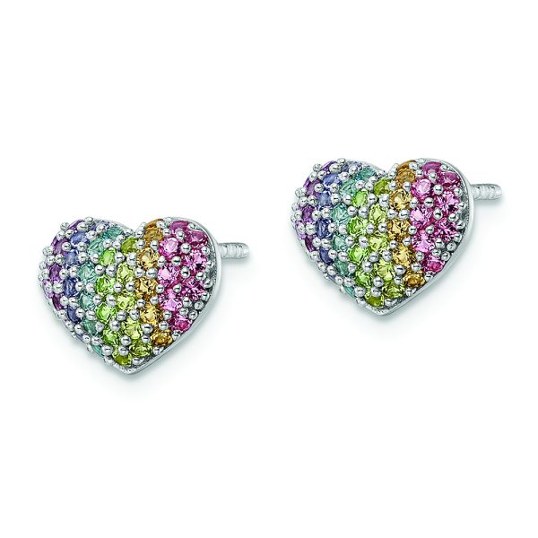 Sterling Silver Rhodium-plated Rainbow Crystal Heart Post Earrings - Image 2