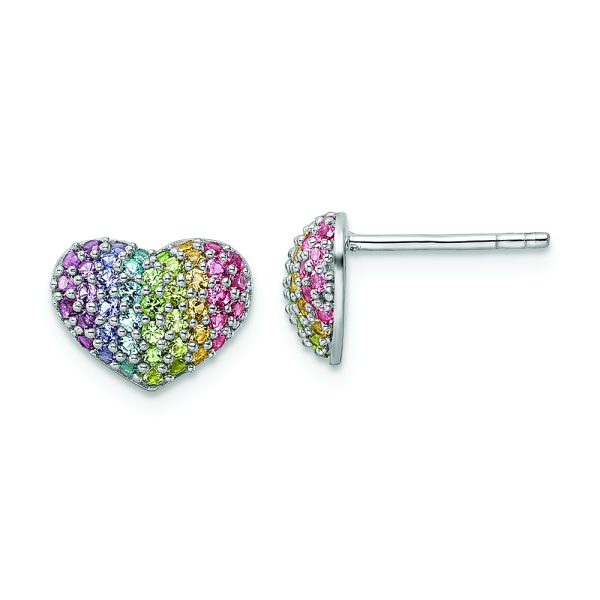 Sterling Silver Rhodium-plated Rainbow Crystal Heart Post Earrings