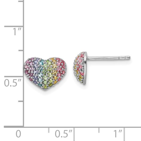 Sterling Silver Rhodium-plated Rainbow Crystal Heart Post Earrings - Image 3