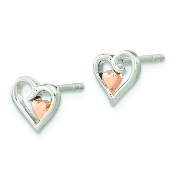 Sterling Silver & Rose-tone Open Heart Children's Post Earrings - Image 2