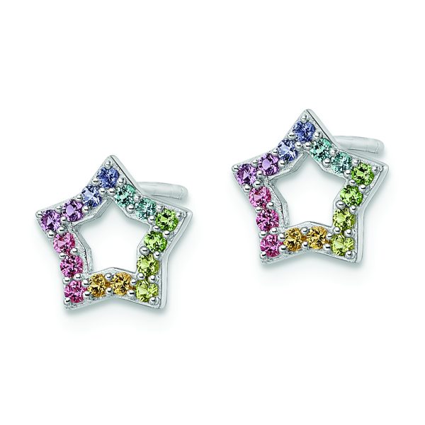 Sterling Silver Rhodium-plated Rainbow Crystal Star Post Earrings - Image 2