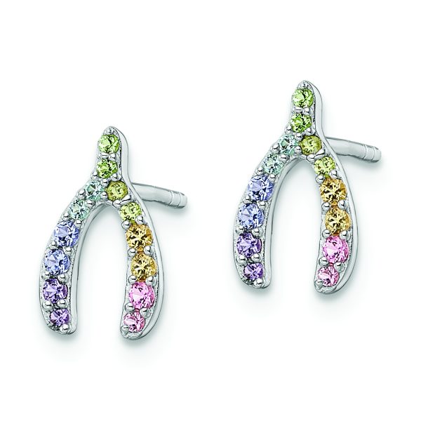 Sterling Silver RH-plated Rainbow Crystal Wishbone Post Earrings - Image 2