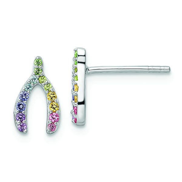 Sterling Silver RH-plated Rainbow Crystal Wishbone Post Earrings