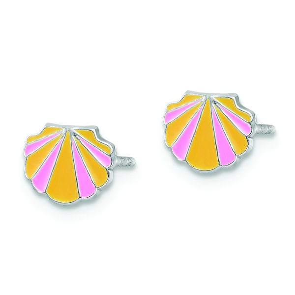 Sterling Silver RH-plated Pink/Orange Enamel Shell Children's Post Earrings - Image 2