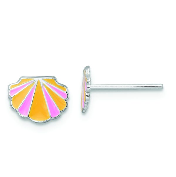 Sterling Silver RH-plated Pink/Orange Enamel Shell Children's Post Earrings