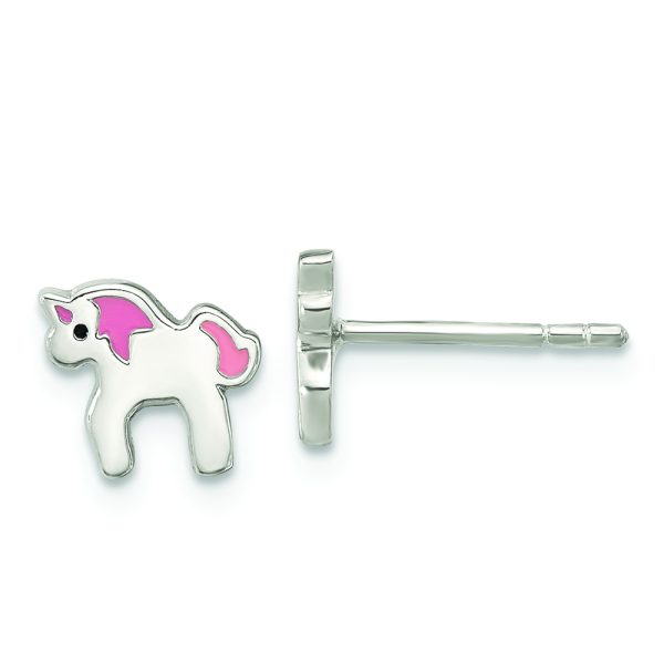 Sterling Silver Rhod-pltd Multicolor Enamel Unicorn Childs Post Earrings