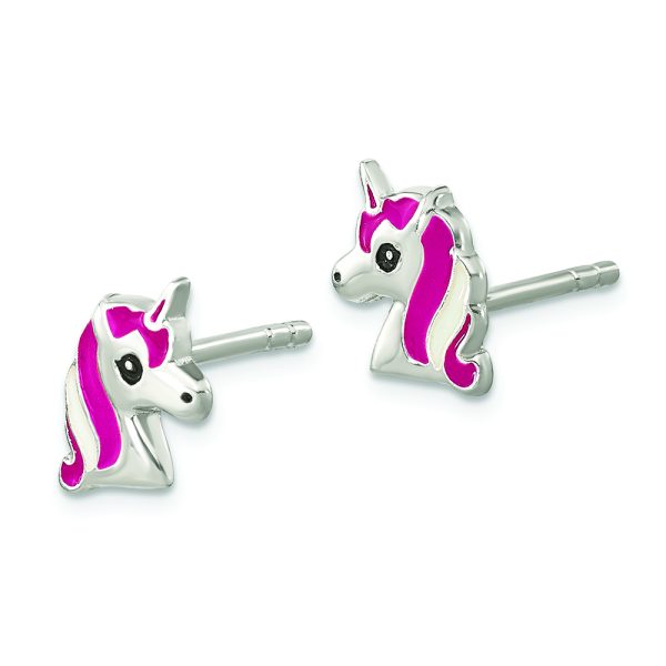 Sterling Silver Rhod-pltd Pink Enamel Unicorn Head Childs Post Earrings - Image 2