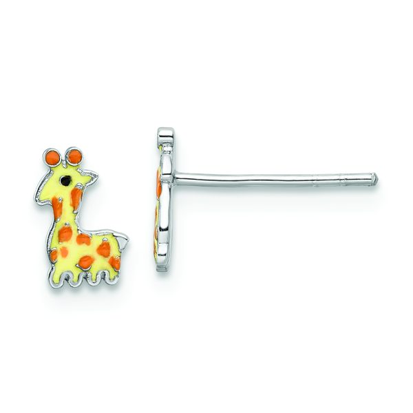 Sterling Silver RH-plated Enameled Giraffe Children's Post Earrings