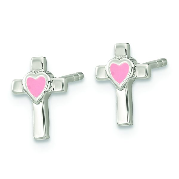 Sterling Silver Rhodium-plated Cross Pink Enamel Heart Post Earrings - Image 2