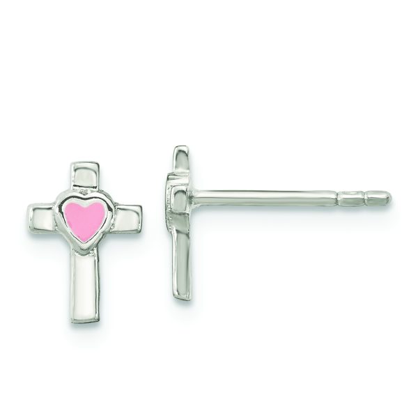Sterling Silver Rhodium-plated Cross Pink Enamel Heart Post Earrings