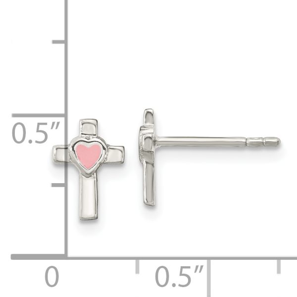 Sterling Silver Rhodium-plated Cross Pink Enamel Heart Post Earrings - Image 3