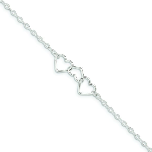 Sterling Silver 10inch Solid Polished Fancy Heart Link Anklet