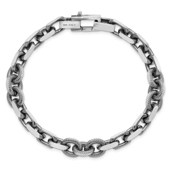 Sterling Silver Mens Antiqued Brushed Cable/Twisted Rolo Bracelet - Image 3