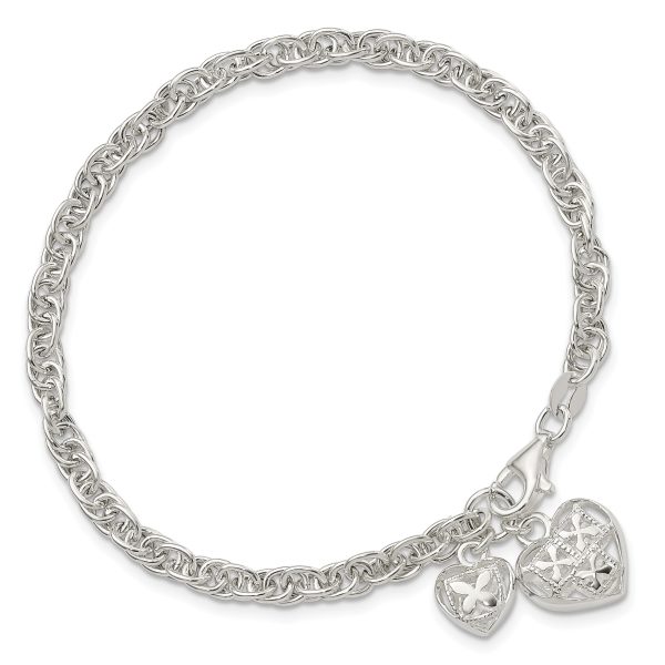 Sterling Silver Polished Dbl Heart Dangle Bracelet - Image 3