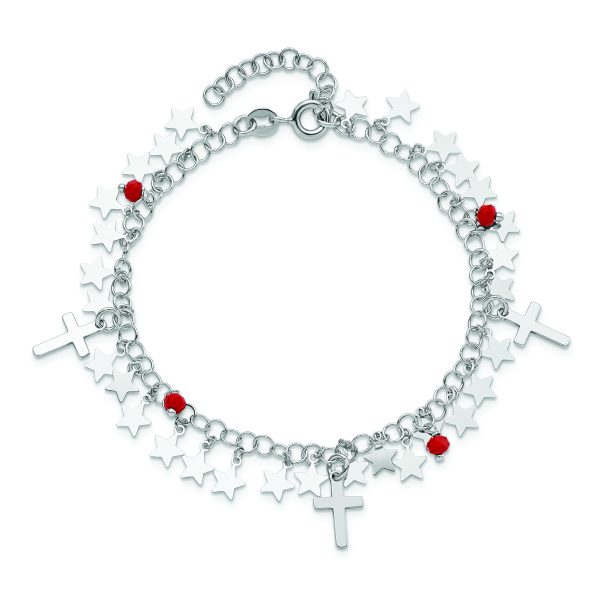 Sterling Silver Rhodium-plated Red Crystal Cross and Star w/ 1.25in ext. Br - Image 3