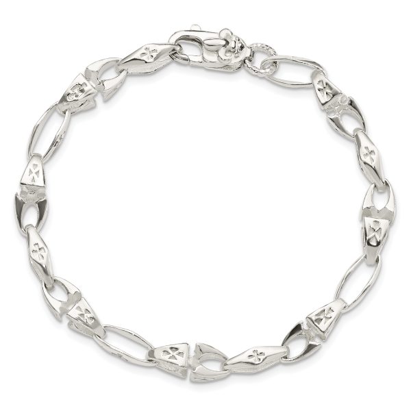 Sterling Silver Polished Cross w/Fleur de Lis Clasp Bracelet - Image 3