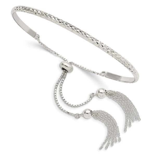 Sterling Silver Polished D/C w/tassels Adjustable Bangle