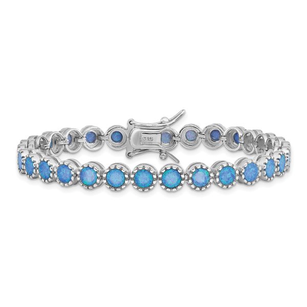 Sterling Silver Rhodium-plated Beaded Blue Created Opal Inlay Bracelet - Image 3