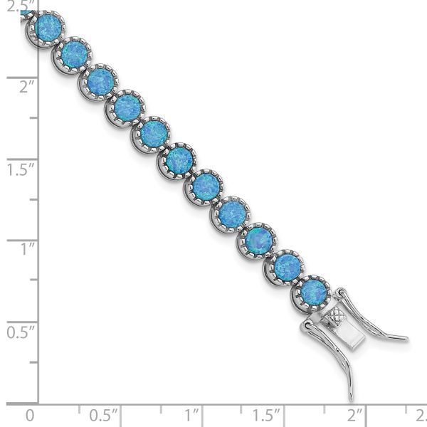 Sterling Silver Rhodium-plated Beaded Blue Created Opal Inlay Bracelet - Image 2