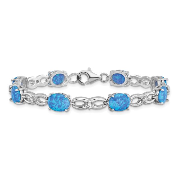 Sterling Silver Rhodium-plated Polished Blue Created Opal & CZ Bracelet - Image 3