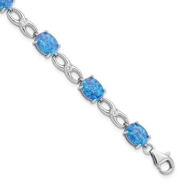 Sterling Silver Rhodium-plated Polished Blue Created Opal & CZ Bracelet