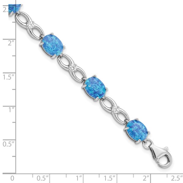 Sterling Silver Rhodium-plated Polished Blue Created Opal & CZ Bracelet - Image 2