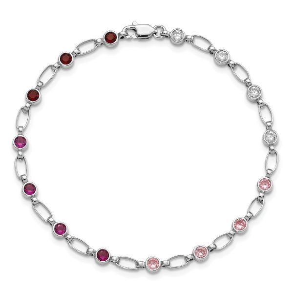 Sterling Silver Rhodium-plated Polished Red Pink Clear CZ Bracelet - Image 3