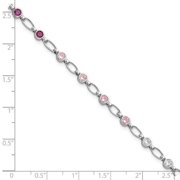 Sterling Silver Rhodium-plated Polished Red Pink Clear CZ Bracelet - Image 2