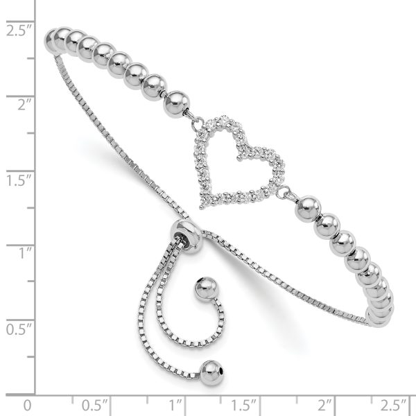 Sterling Silver Rhodium-plated Beaded CZ Heart Adjustable Bracelet - Image 2