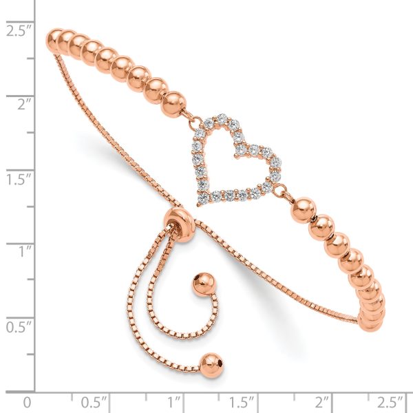 Sterling Silver Rose-tone Beaded CZ Heart Adjustable Bracelet - Image 2