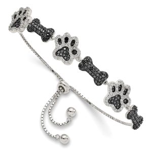 Sterling Silver Rhodium-plated CZ Paw Print & Dog Bone Adj Bracelet