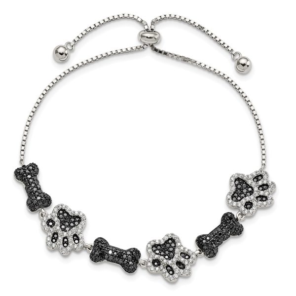 Sterling Silver Rhodium-plated CZ Paw Print & Dog Bone Adj Bracelet - Image 3
