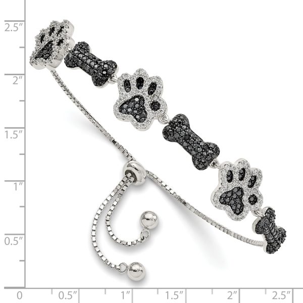 Sterling Silver Rhodium-plated CZ Paw Print & Dog Bone Adj Bracelet - Image 2