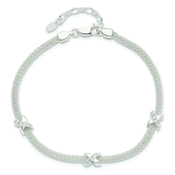 Sterling Silver Rhodium-plated Polished CZ Xs w/ 1in ext Bracelet - Image 3