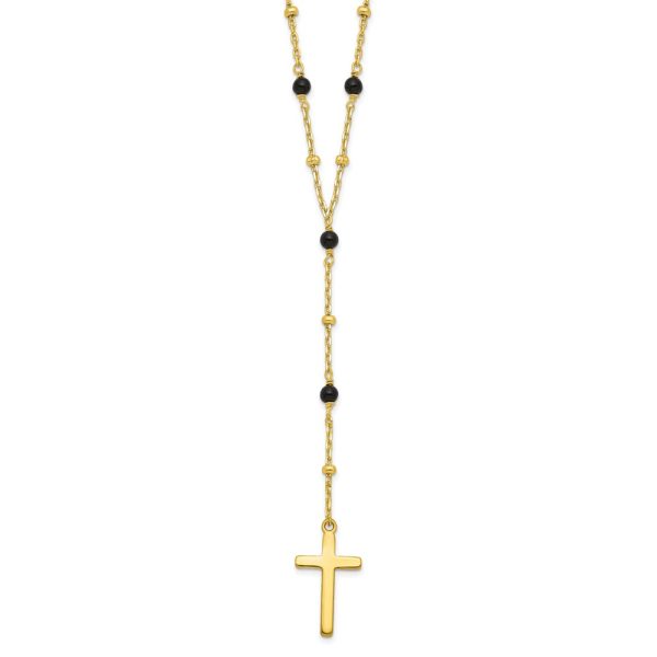 Sterling Silver Gold-tone Beaded Onyx Cross w/2 in ext. Necklace