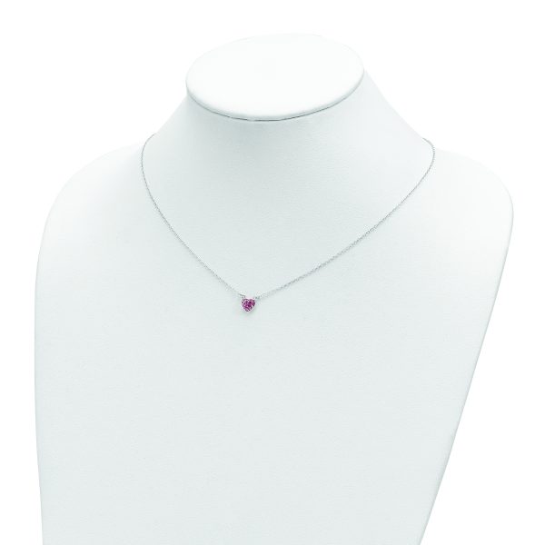 Sterling Silver Rhodium-plated Polished Pink Crystal Heart Necklace - Image 3