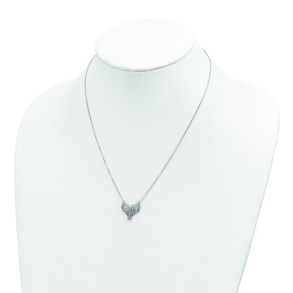 Sterling Silver Rhodium-plated Polished June Bow CZ Birthstone Necklace - Image 3